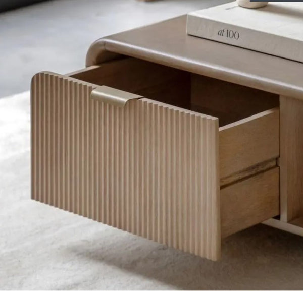 Aura 1-Drawer Fluted Wooden Coffee Table with Gold Handle