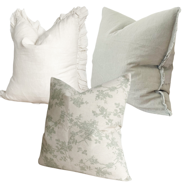 Cream & Sage Green Floral Cushion Trio