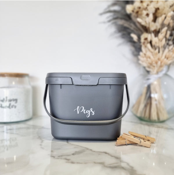 grey carry caddy with white peg customised wording