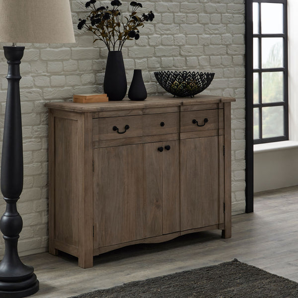 A brown and bleached wooden sideboard with 1 drawer and 2 handles along the top of the sideboard and 2 cupboard doors at the bottom for storage Slim depth perfect for narrower spaces.
